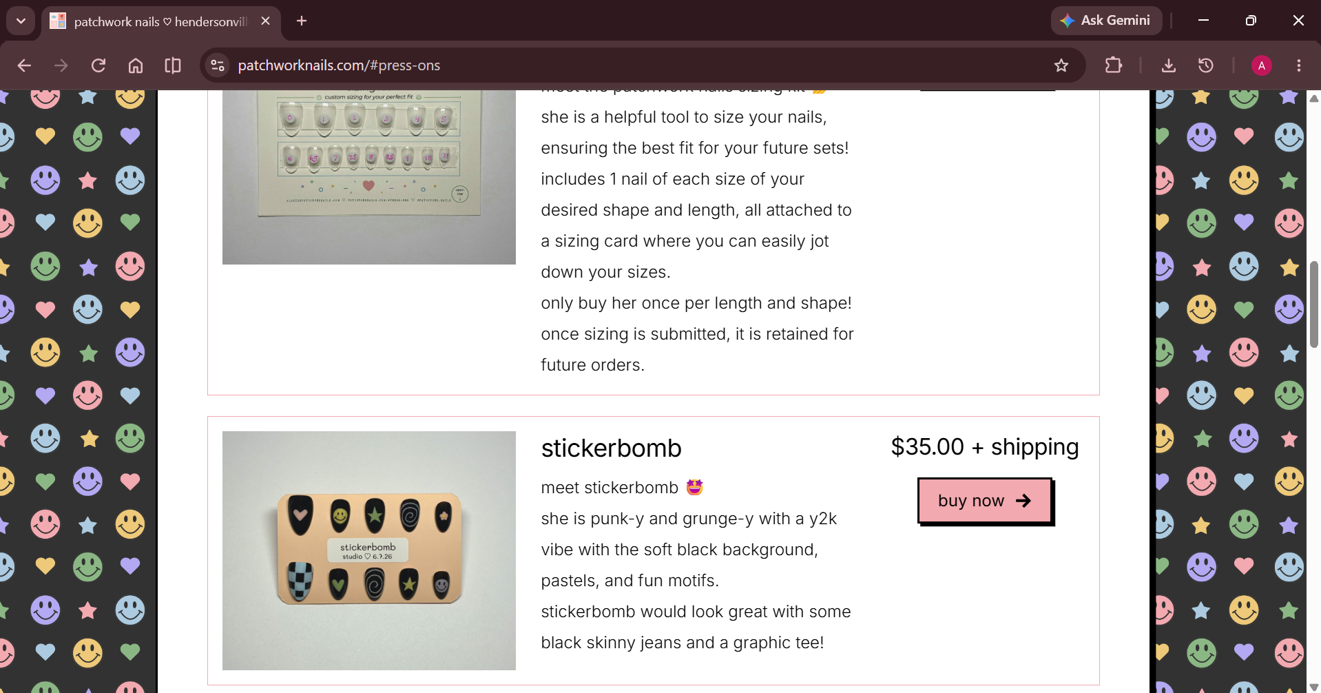 Patchwork Nails sizing kit shown in the existing store screenshot